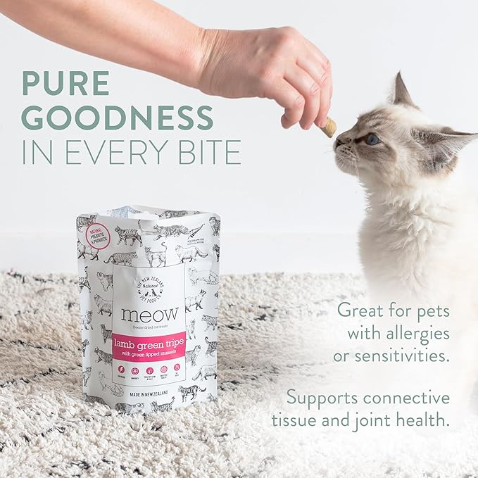 The New Zealand Natural Pet Food Co MEOW Freeze Dried Cat Treats - Lamb Green Tripe with New Zealand Green Mussel, High Protein, Healthy Cat Snacks and Toppers, All Natural for all Life Stages, 1.4 oz