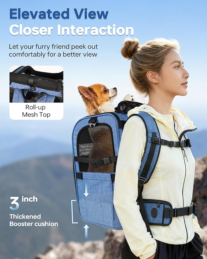 Hiking Dog Carrier Backpack, Padded Height-Enhancing Design, Adjustable Waist Cushioning Belt with Breathable Padded Back Support, Dog Carrier Backpack for Small Dogs Max 13LB Blue with Pad
