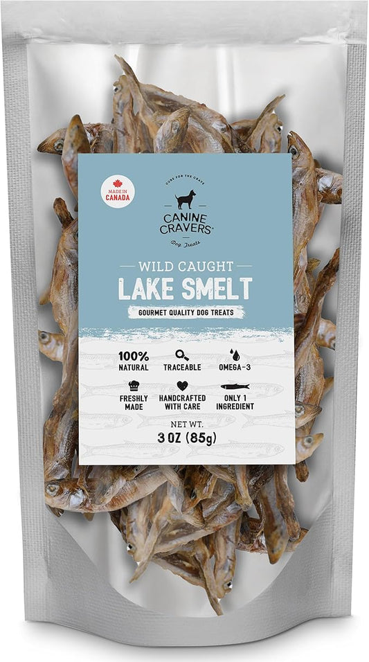 Canine Cravers Single Ingredient Dog Treats – Wild Caught Lake Smelt - Human Grade Air Dried Hypoallergenic Pet Food – Grain, Gluten, and Soy Free – 100% All Natural – 3 oz