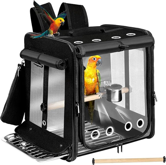 Sanmoncare Bird Carrier for Car Travel with Seat Belt, Indestructible Stainless Steel Mesh Parrot Backpack Travel Cage