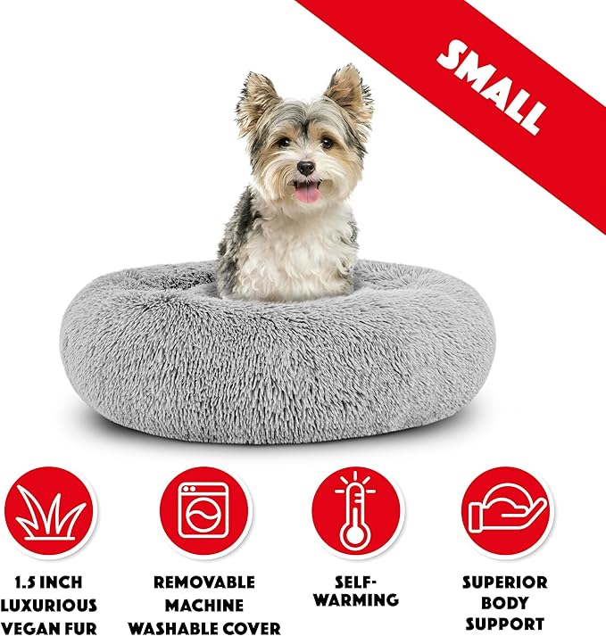 The Dog’s Bed Sound Sleep Donut Dog Bed, Small Silver Grey Fur Calming Nest Bed
