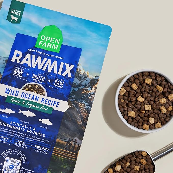 Open Farm, RawMix Grain-Free Dry Dog Food, Protein-Packed Kibble Coated in Bone Broth with Freeze Dried Raw Chunks, Salmon Whitefish & Rockfish,Wild Ocean Recipe, 3.5lb Bag