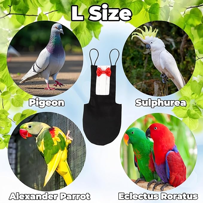 Bird Diapers Bird Harness Tuxedo Flight Suits with 80in Flying Leash Parrot Nappy with Waterproof Inner Layer Urine Wet Suite for Cockatiel Conure Parakeet Macaw Budgie-Black,L