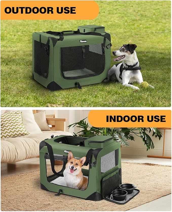 Extra Large Dog Crate with 2 Foldable Bowl, 28 Inch Collapsible Travel Dog Crate Kennel with Soft Blanket for Medium Dogs,Indoor & Outdoor (28" L x 20" W x 20" H, Green)