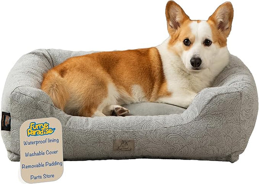 Furry's Paradise Foam Cuddler Pet Bed with Waterproof Liners, Reversible Cushion, Washable Cover, Recycled Fibers and Non-Slip Bottom. (Gray Paisley, Orthopedic Small)