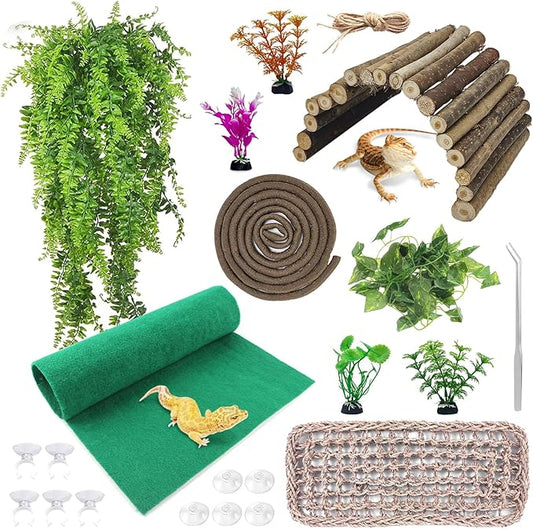 kathson Bearded Dragon Tank Accessories Kit, Reptile Hide Wooden Bridge Terrarium Liner Hammock Jungle Climber Vines Leaves Tweezer and Plant Reptile Habitat Decor for Chameleon Lizards Gecko Snakes