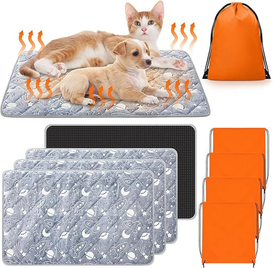 Riakrum 4 Pack Self Warming Cat Mat Heating Cat Bed 24" x 18" Thermal Dog Self Warming Pad Pet Heating Pad Non Slip Bottom Washable with Storage Bag for Indoor Outdoor Kitten Pet(20 x 28 Inches)