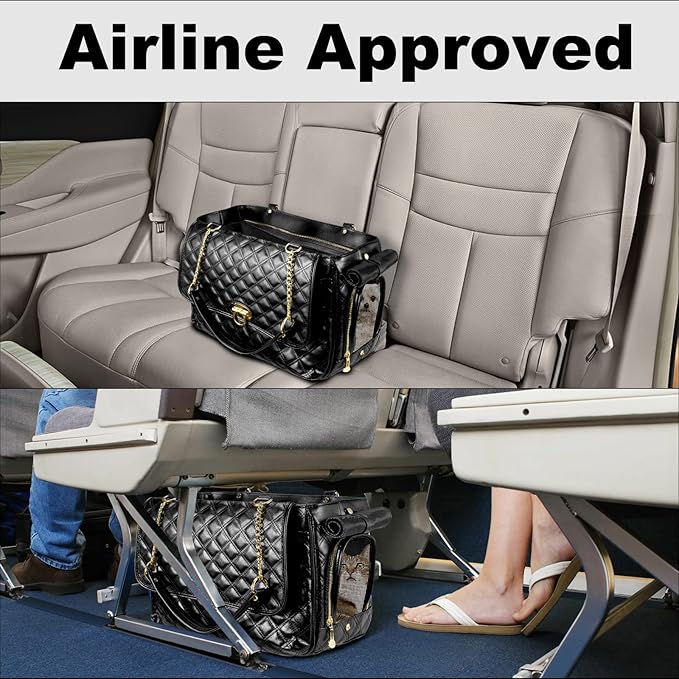 Fashion Dog Purse for Small Dogs with 2 Super-Large Pockets, Holds Up to 10lbs PU Leather Pet Carrier, Cat Carrier, Airline Approved Puppy Purse for Travel (Black, Small Size)