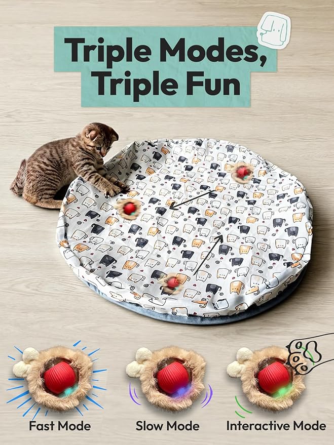 Interactive Cat Toy with Moving Ball, USB Rechargeable Undercover Hide and Seek Mat for Indoor Cats & Kittens, Automatic Exercise & Entertainment Play Pad