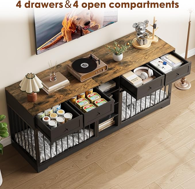 82??Double Dog Crate Furniture, Large Dog Kennel Indoor for 2 Dogs, Heavy Duty Wooden Dog Crate TV Stand with 4 Drawers and Shelves, Black