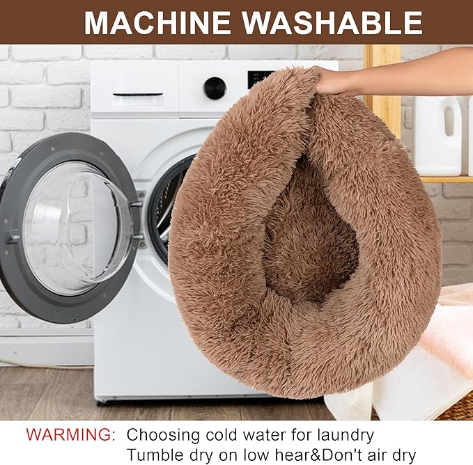 Dog Calming Beds for Small Medium Large Dogs - Round Donut Washable Puppy Dog Bed, Anti-Slip Faux Fur Fluffy Donut Cuddle Anxiety Cat Pet Bed(20'' Khaki