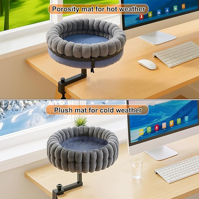 Cat Desk Bed, 360° Rotating and Adjustable Pet Bed, with Soft Mat, Stylish Indoor Cat Nest for Workstations and Game Tables, Grey