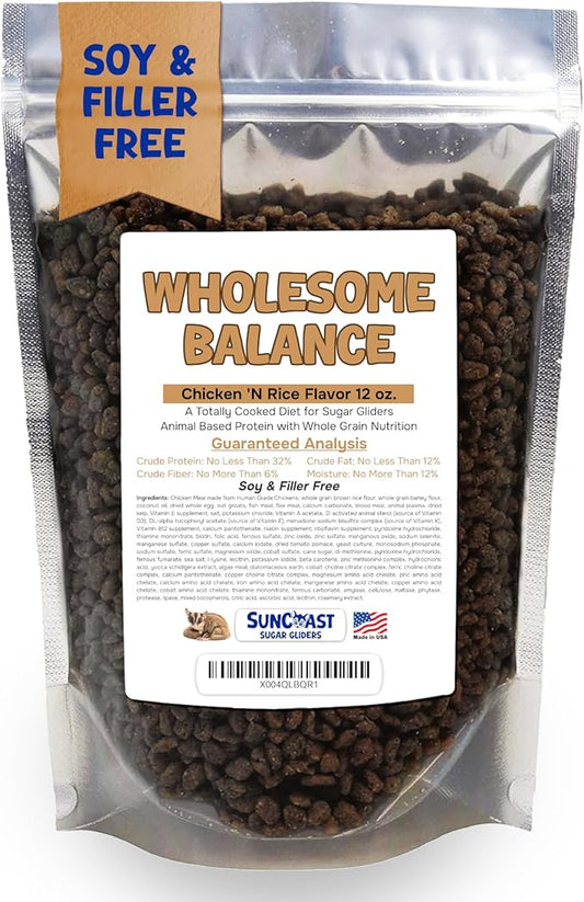 Wholesome Balance Food - Complete Nutrition with High Animal Protein, Calcium, Vitamins & Minerals, Premium Dense Food for Sugar Gliders & Small Animals - Chicken & Rice, 12 oz