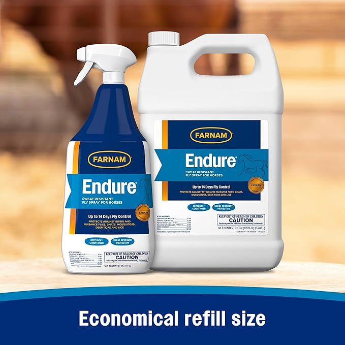 Farnam Endure Sweat-Resistant Fly Spray for Horses, Sweat-Rsistant Formula Lasts Up to 14 Days, Kills and Repels Against Flies, Gnats, Mosquitoes, Ticks & Lice, 128 oz.