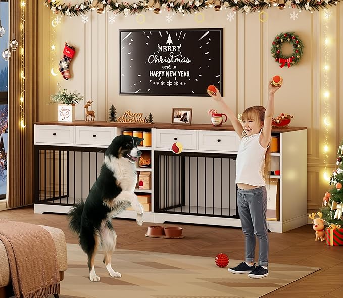 Dog Crate Furniture 47?? Large Dog Crate TV Stand with 2 Drawers and 4 Shelves, Wooden Dog Kennel Indoor, Decorative Dog Cage with Storage for Large Dogs, White