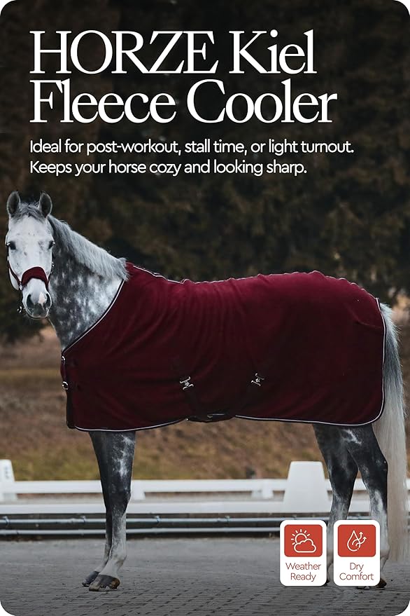 HORZE Kiel Fleece Horse Cooler Blanket | Quick-Dry Fleece Horse Cooler Sheet with X-Surcingles & Tail Cord - Dark Red - 72 in