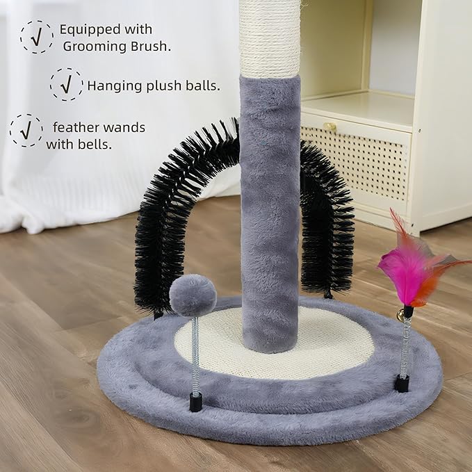 ROYPET Multifunctional Cat Scratching Posts for Indoor Kittens,Cat Scratching Posts for Play and Activity,Scratching Posts with Feather Toys and Self-Grooming Brush,Grey