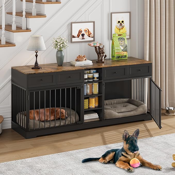 82??Double Dog Crate Furniture, Large Dog Kennel Indoor for 2 Dogs, Heavy Duty Wooden Dog Crate TV Stand with 4 Drawers and Shelves, Black