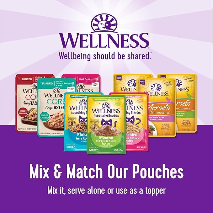 Wellness Healthy Indulgence Gravy Adult Wet Cat Food, Natural, Protein-Rich, Grain Free, 3 Ounce Pouch, 24 Pack, (Tuna & Mackerel)
