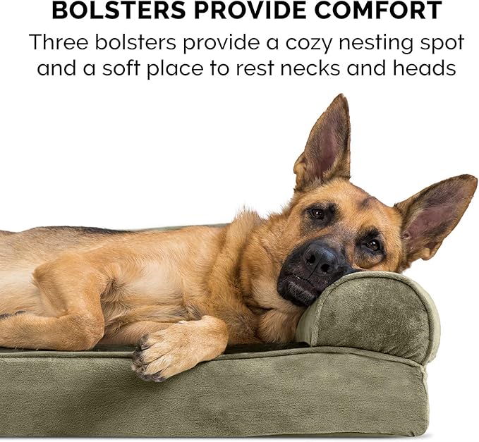 Furhaven Orthopedic Dog Bed for Large Dogs w/ Removable Bolsters & Washable Cover, For Dogs Up to 95 lbs - Faux Fur & Velvet Sofa - Dark Sage, Jumbo/XL