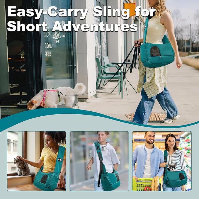 Cat Sling, Hands-Free Cat Carrier Pouch up to 7 lb, Cat Sling with Safety Strap and Pockets, Ideal for Travel and Daily Use, Peacock Blue
