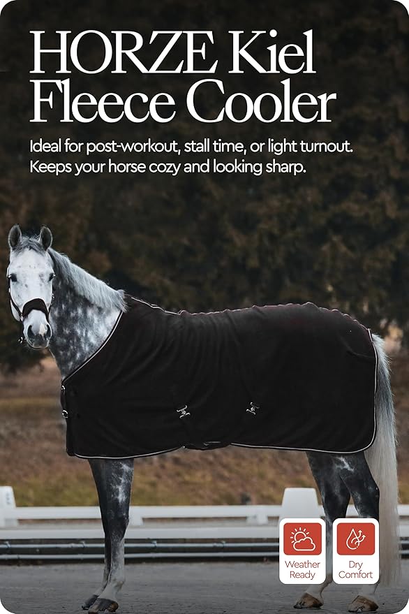 HORZE Kiel Fleece Horse Cooler Blanket | Quick-Dry Fleece Horse Cooler Sheet with X-Surcingles & Tail Cord - Black - 72 in