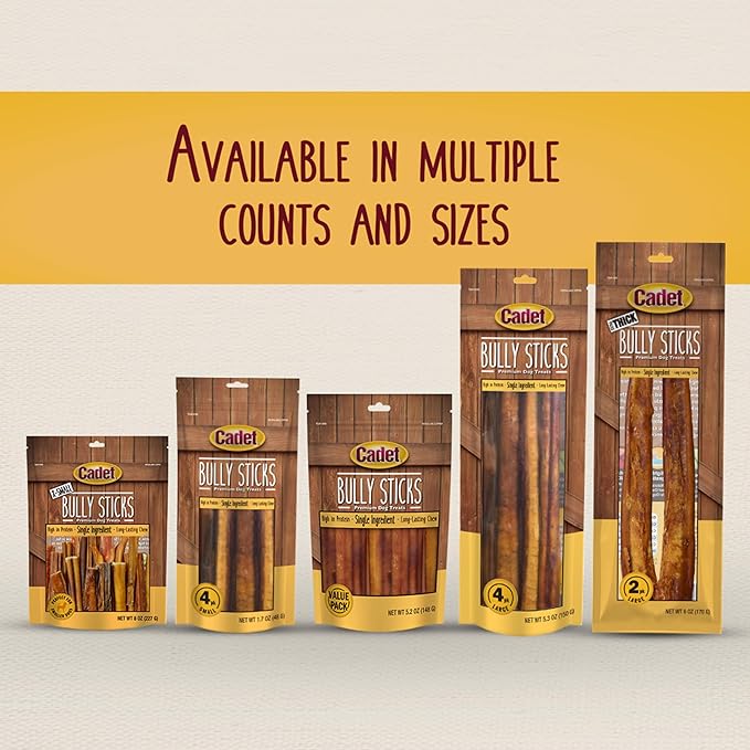 Cadet Bully Sticks for Small Dogs, All-Natural Beef Pizzle, Rawhide-Free Long-Lasting Dog Chews for Aggressive Chewers, 4 Count