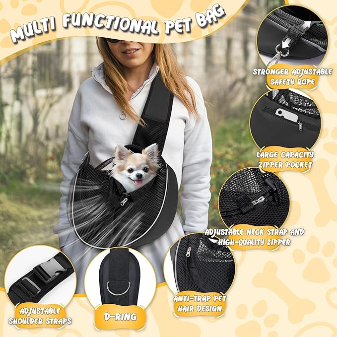Detachable Hard Bottom Dog Sling for Small Dogs & Cats Up to 10 lbs- Upgraded Breathable Mesh, Adjustable Strap & Large Pocket - Hands-Free Pet Carrier for Travel Walking Hiking (Black Size M)