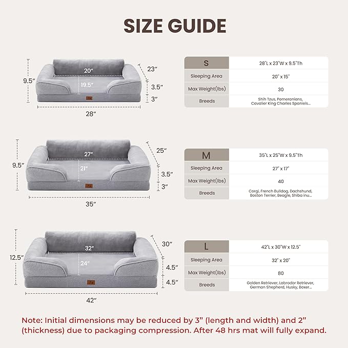 XL Orthopedic Dog Beds for Large Dogs, Waterproof Egg-Crate Foam Pet Couch Bed with Soft Sides, Non-Slip Dog Sofa with Flannel Removable Washable Cover, 42" L Supportive Pet Sofa, Light Grey