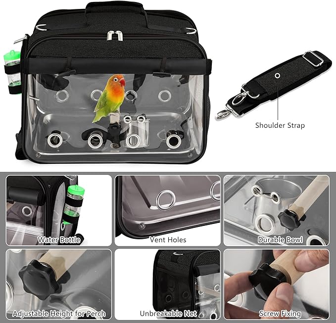 Sanmoncare Airline Approved Bird Carrier, Indestructible Stainless Steel Mesh Parrot Travel Cage, Cockatiels Travel Carrier Lightweight and Portable with Water Bottle and Bowl