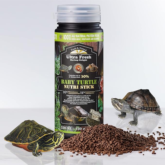 Ultra Fresh Floating Baby Turtle Food, All Natural Ingredients, Wild Sword Prawn, Calcium Vitamin D Enriched for Picky Aquatic Turtles, Baby Turtle Nutri Stick 3.35 oz