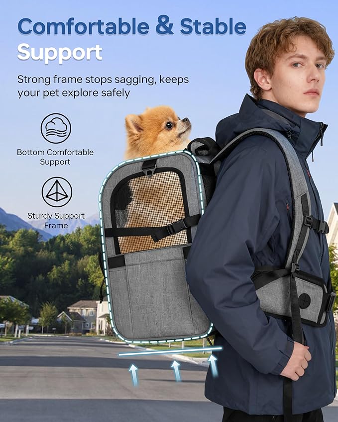 Hiking Dog Carrier Backpack, Adjustable Waist Cushioning Belt with Breathable Padded Back Support, Dog Carrier for Hiking with 5 Pockets, Dog Carrier Backpack for Small Dogs Max 13LB Grey