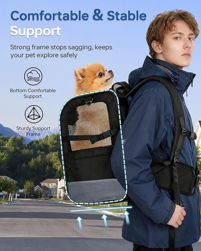 Hiking Dog Carrier Backpack, Padded Height-Enhancing Design, Adjustable Waist Cushioning Belt with Breathable Padded Back Support, Dog Carrier Backpack for Small Dogs Max 13LB Black with Pad