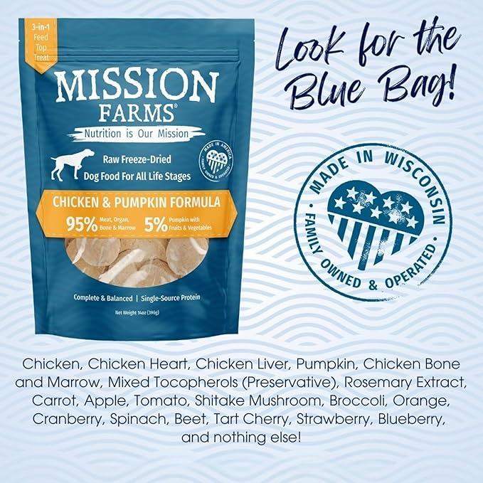 Mission Farms Freeze-Dried Raw Dog Food Chicken & Pumpkin Complete & Balanced for All Life Stages, 14oz
