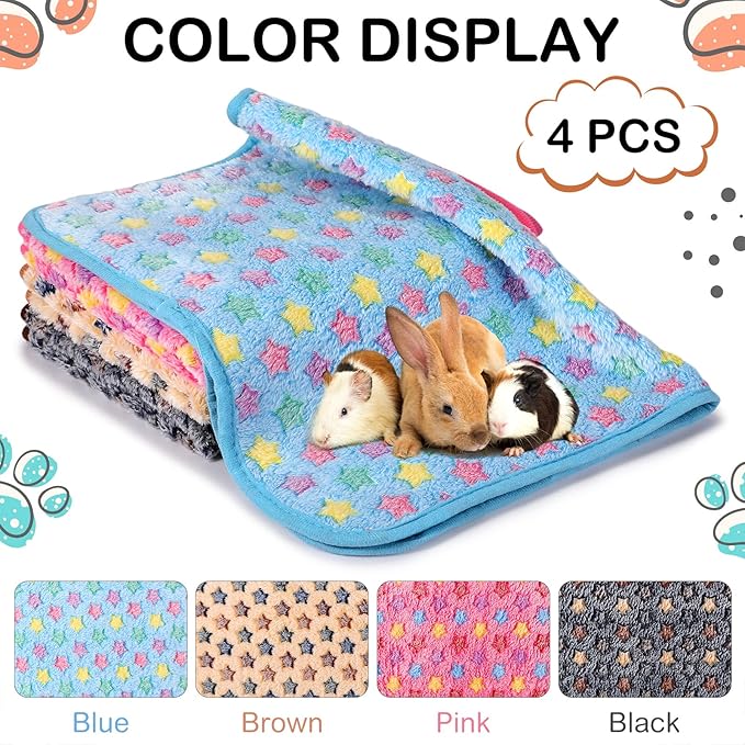 Reginary 4 Pcs Waterproof Guinea Pig Blankets Washable Small Animal Fleece Bedding Absorbent Guinea Pig Cage Liners Reusable Pet Pee Pad Sleep Mat for Hamster Ferret(Star Pattern,12 x 12 Inch)