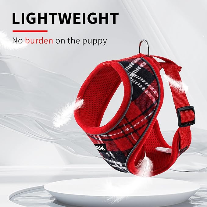 AIITLE Christmas Breathable Dog Harness for Small Dogs, Comfortable Adjustable Plaid Mesh Vest with Quick-Release Buckle, Reflective Safety Strips – Perfect for Poodles, Teddy Dogs (M, Red)