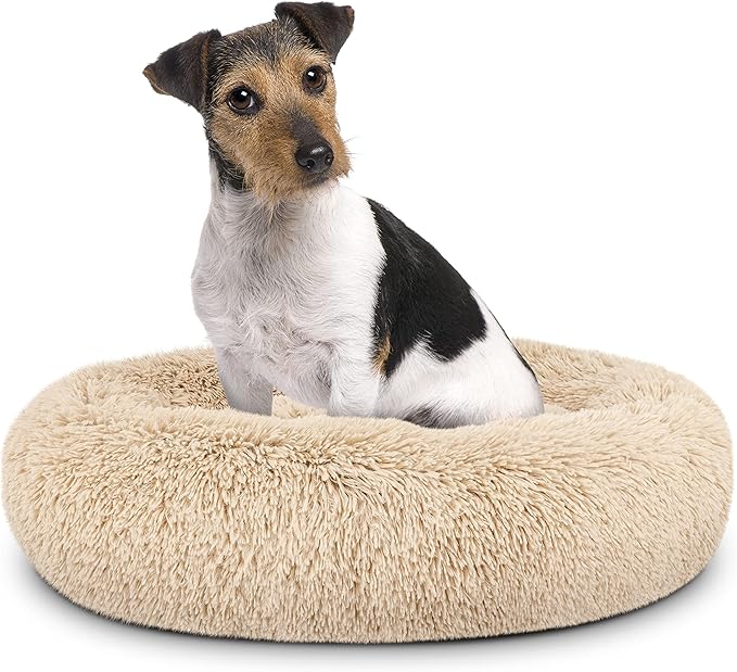 The Dog’s Bed Sound Sleep Donut Dog Bed, Med Dog Beige Fur Calming Nest Bed
