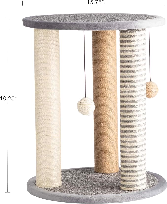 Cat Scratching Post - 3 Scratcher Posts with Carpeted Scratch Pad Base and Perch - Furniture Scratching Deterrent for Indoor Cats by PETMAKER (Gray)