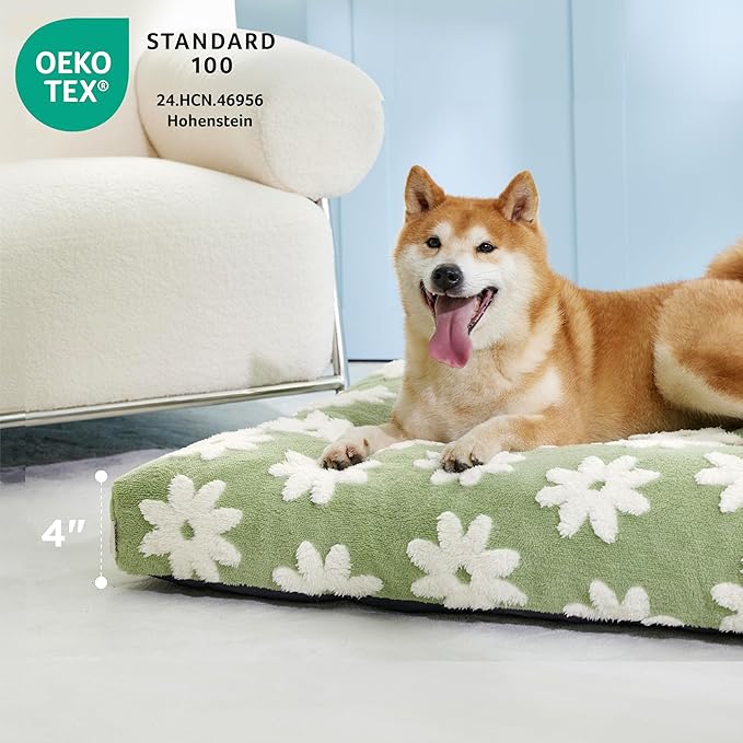 LE SURE Dog Beds Large Sized-Thick Shredded Chopped Foam Pet Bed Indoor with Removable Cover, Cute Modern Fuzzy Plush & Anti Slip Bottom, Green