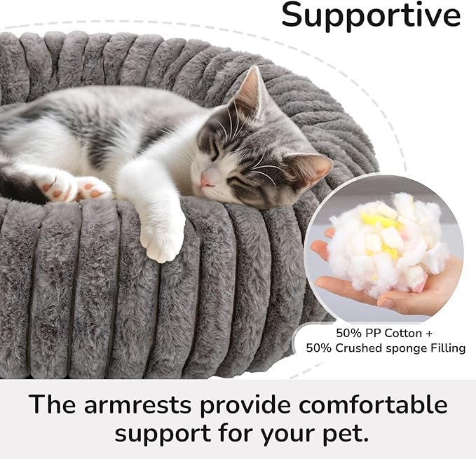 Cat Bed Round, Washable Calming Pet Bed, Ultra Soft Puppy Bed for Small Dogs with Non-Slip Bottom (20×20inch, Grey)