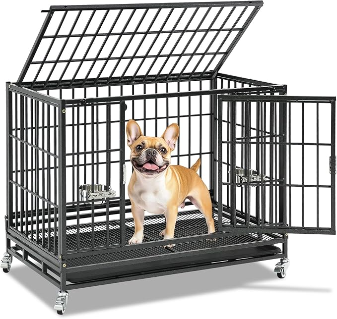 36 Inch Stackable Heavy Duty Dog Crate for Medium/Small Dogs, Metal Escape Proof Dog Crate with Lockabl Wheels, Removable Tray & Metal Grid, Medium Dog Cage Kennel Indoor for High Anxiety Dogs