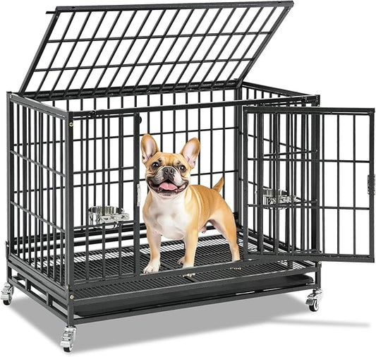 36 Inch Stackable Heavy Duty Dog Crate for Medium/Small Dogs, Metal Escape Proof Dog Crate with Lockabl Wheels, Removable Tray & Metal Grid, Medium Dog Cage Kennel Indoor for High Anxiety Dogs