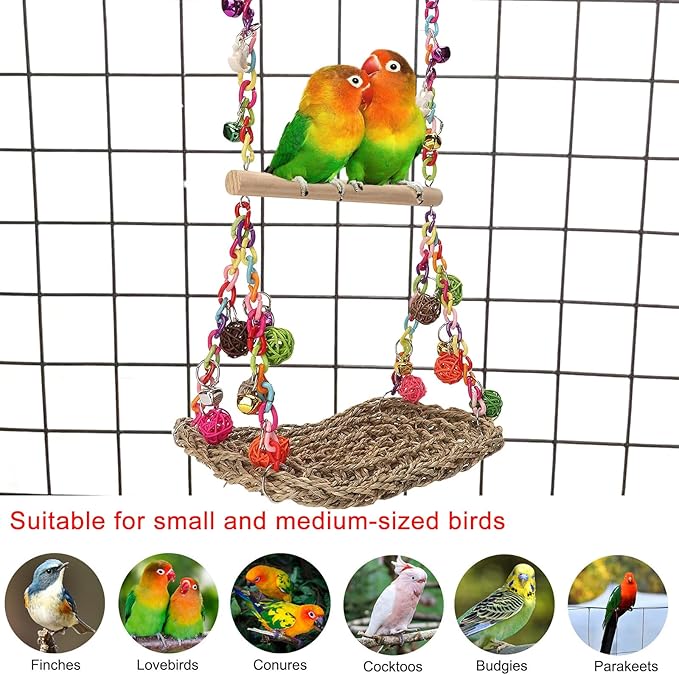 Bird Swing Toys with Wood Perch, Seagrass Woven Parrot Platform Bird Climbing Hanging Hammock Bird Perch Stand Chewing Toy for Parakeets,Budgie, Conure, Cockatiel,Lovebird