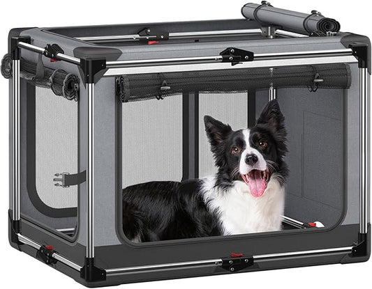 Collapsible Dog Crate: 38 Inch Foldable Soft Sided Dog Crate for Large Dogs, Portable Dog Travel Kennel with Soft Mat for Indoors & Outdoors, Grey