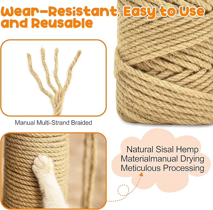262FT/80M Cat Scratching Sisal Rope, 6mm 1/4inch Thick Natural Jute Rope for Scratch Posts, Cat Trees, DIY Projects, Sisal Rope for Scratcher with 2 Mouse Toys (Natural, 262ft)