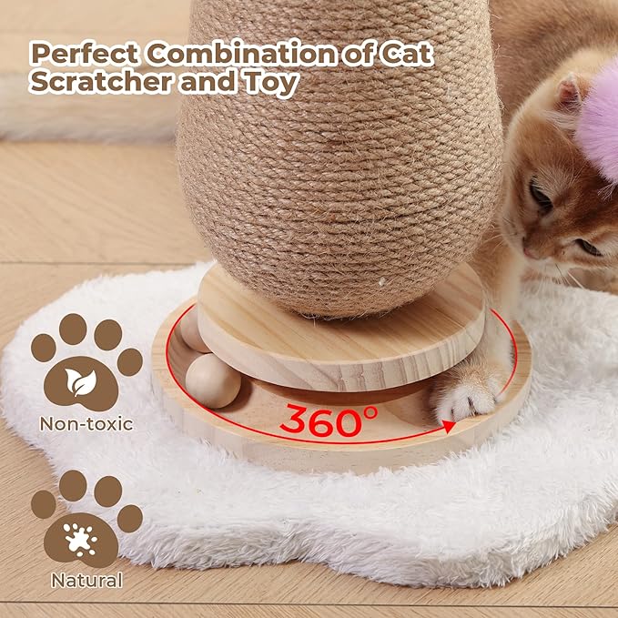 Mushroom Cat Scratching Post with Interactive Ball Track Spring Ball Cat Toys, 21.2" Cat Jute Scratcher Tree for Indoor Cats, Brown