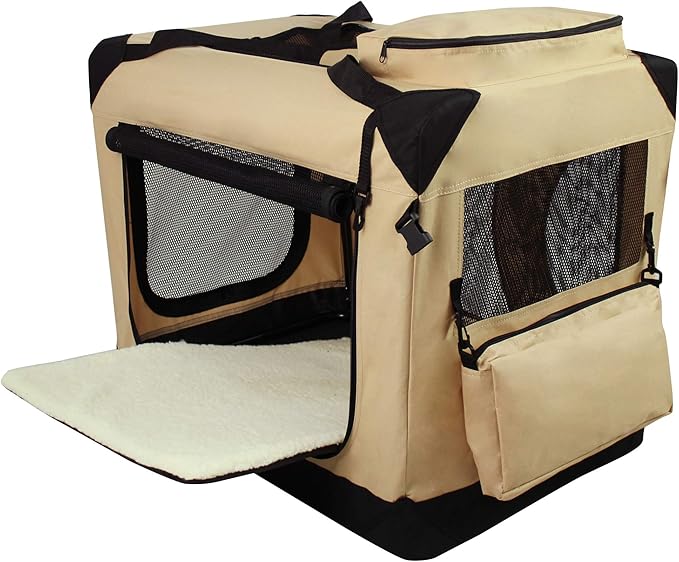 EliteField 3-Door Folding Soft Dog Crate with Carrying Bag and Fleece Bed (2 Year Warranty), Indoor & Outdoor Pet Home (20" L x 14" W x 14" H, Beige)