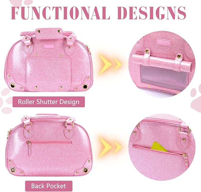 PetsHome Dog Carrier Purse, Pet Carrier, Cat Carrier, Bling Waterproof Premium Leather Pet Travel Portable Bag Carrier for Cat and Small Dog Home & Outdoor Small Bling Pink