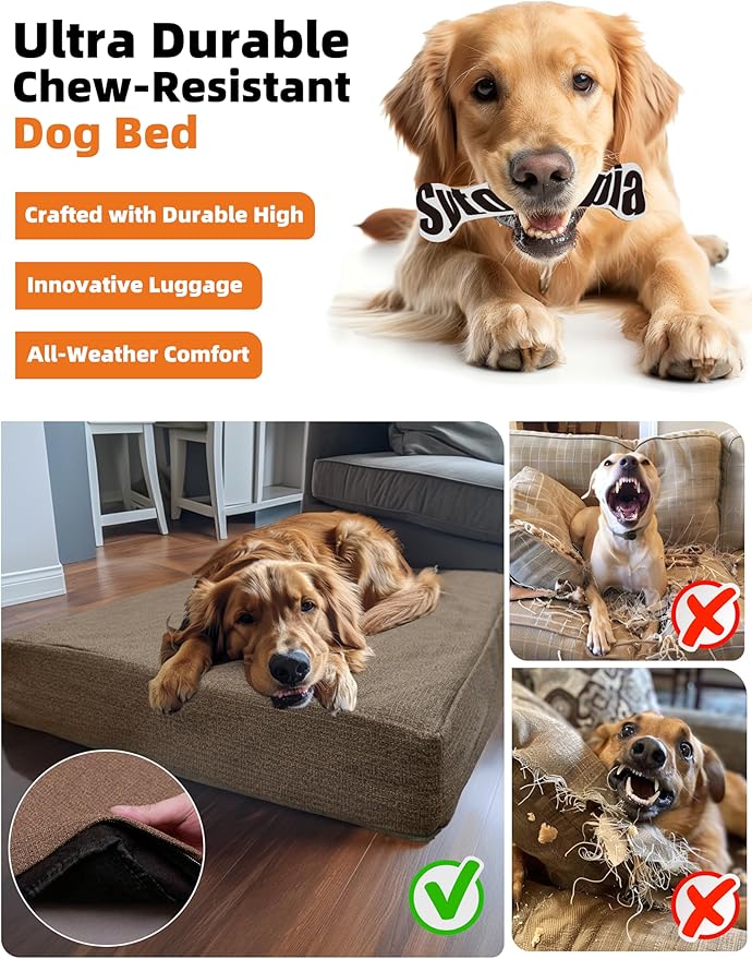 Sytopia 50 Inch Chew Proof Dog Crate Bed - Orthopedic Waterproof Dog Bed for Extra Large Dogs, Removable Washable Cover, Egg Crate Foam Mat, Suitable for Dogs Up to 130 lbs, Brown