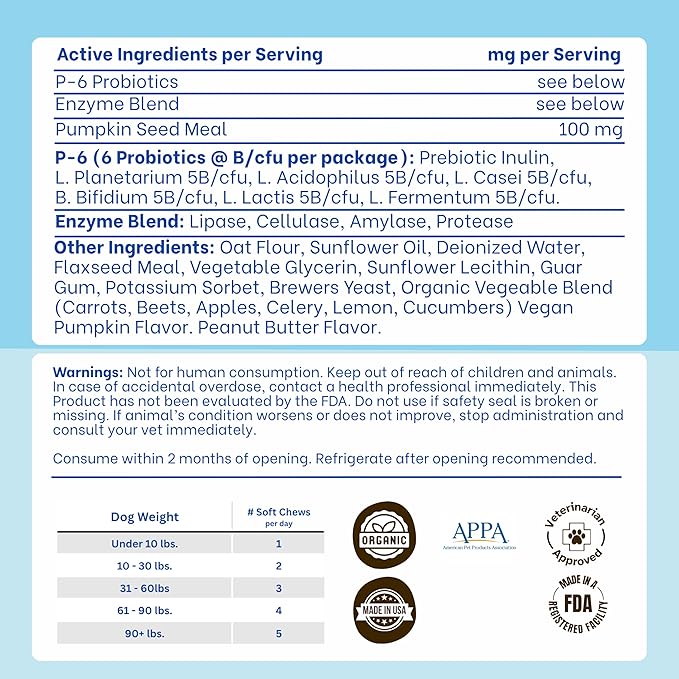 Probiotics for Dogs – Gut Health by Happy Dog | Organic, Vegan Probiotic Soft Chews with Prebiotics for Digestion, Immunity & Itchy Skin Relief | 120 Soft Chews Peanut Butter Flavor